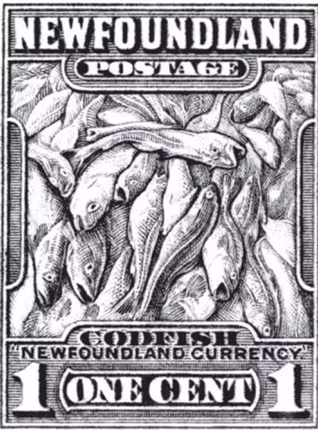 Newfoundland Codfish Currency — vintage one-cent stamp illustration